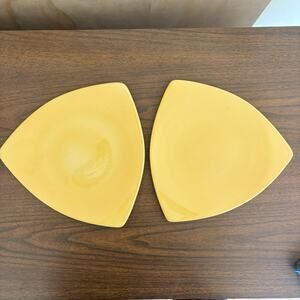 H.F. Coors Ceramic Triangle Plate Yellow 10" Set of 2 MCM Atomic Mid Century USA